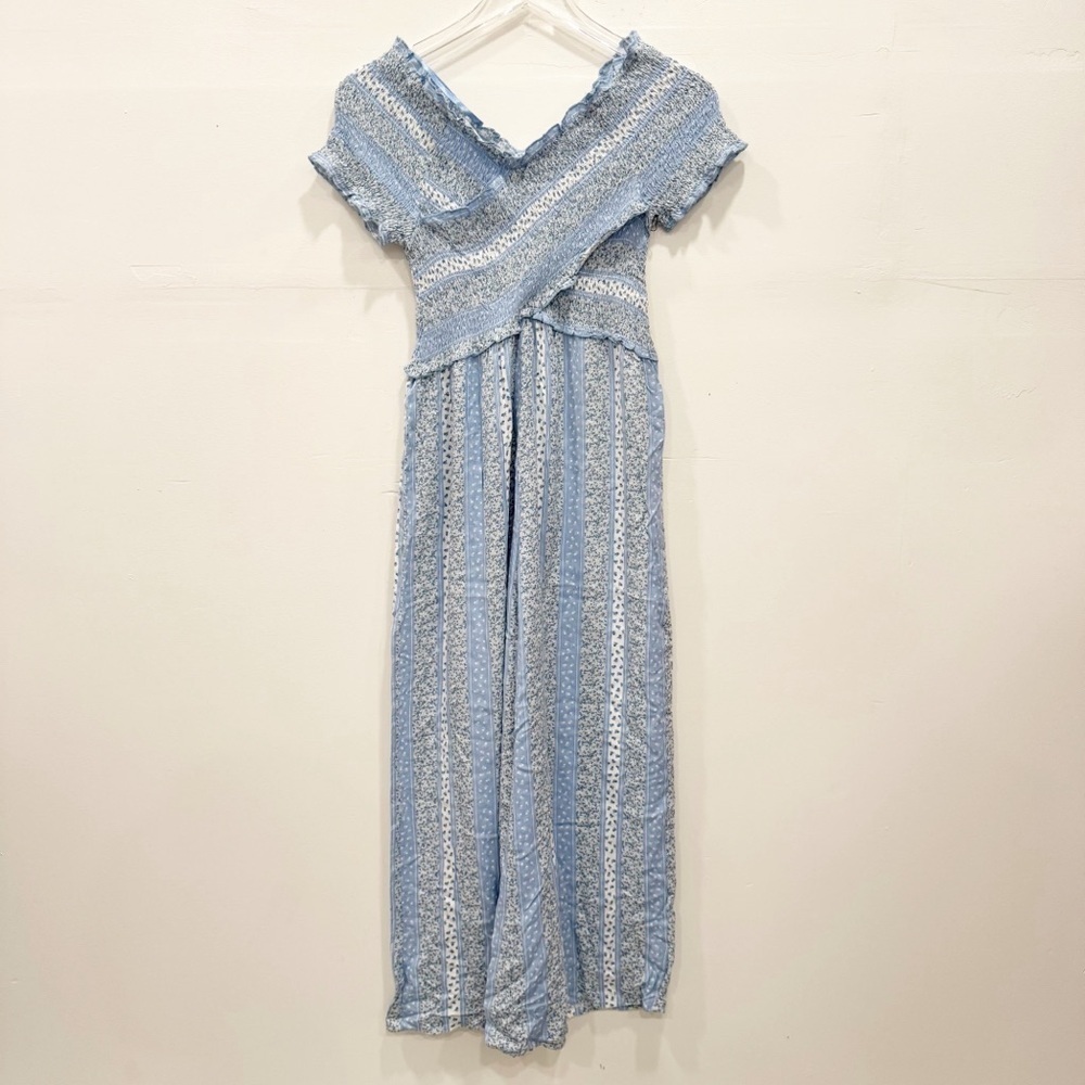 Japna Micro Floral Off The Shoulder Crossfront Wide Leg Jumpsuit Blue Small